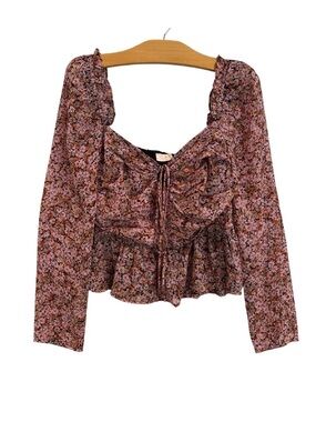 ASTR Toni Pink Floral Ruched Tie-Front Peplum Smocked Back Long Sleeve Top L